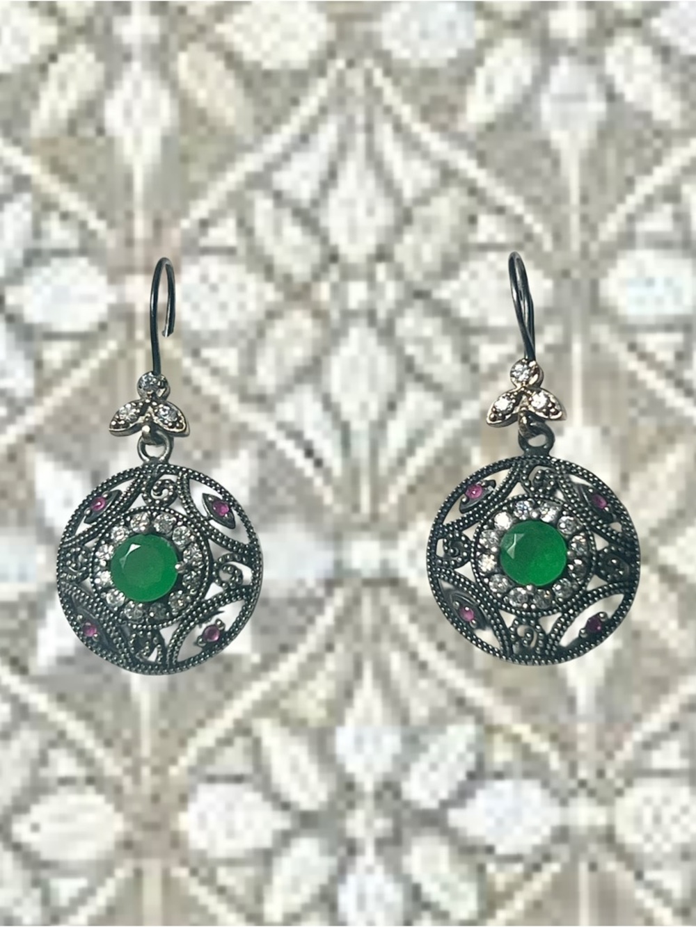 Turkish Sterling / Brass Green & Red Zircon Filigree Drop Earrings 1 7/8”